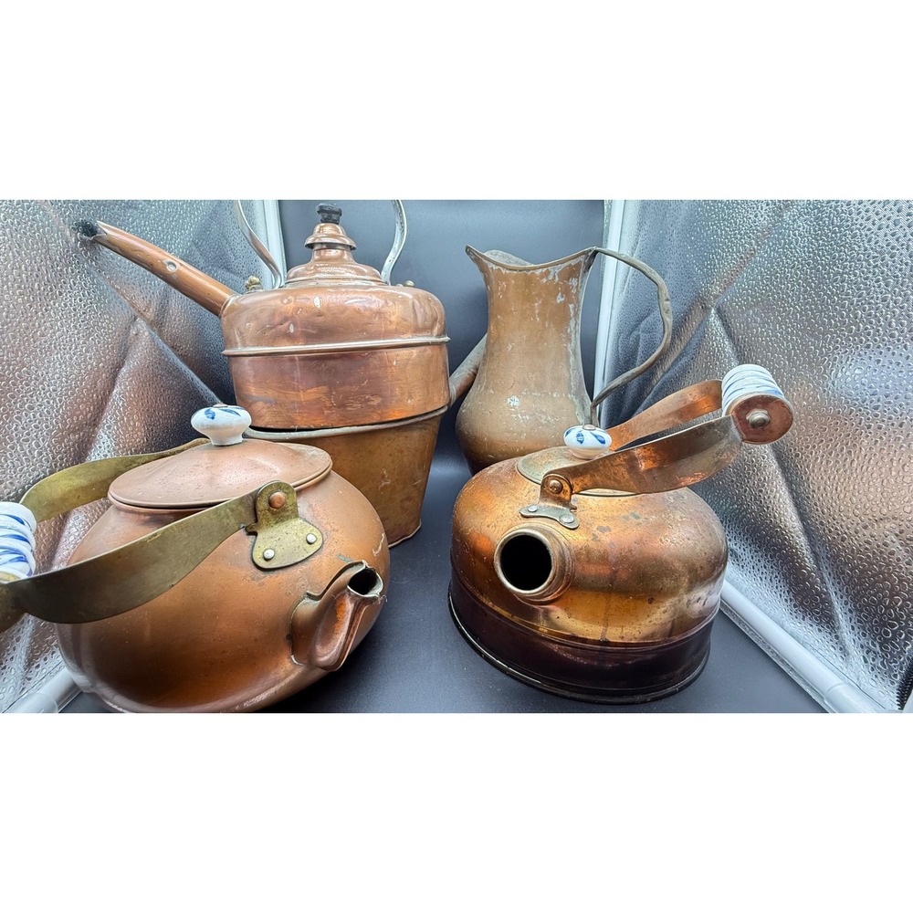 Vintage Copper Kitchenware Set 5pc Tea Kettles Pitcher Pot Rustic Farmhouse